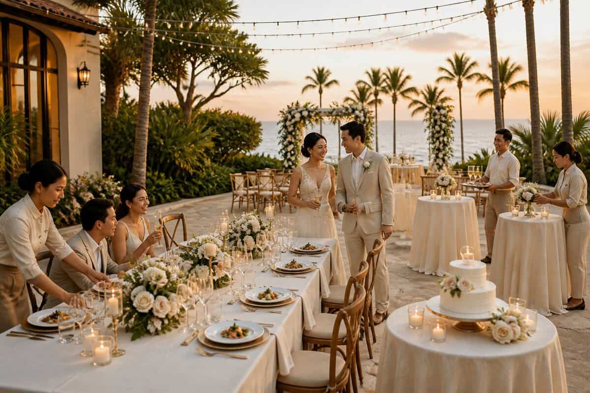 An elegant wedding reception at a resort venue with decorated tables, food service, floral arrangements, a cake, staff, and guests.