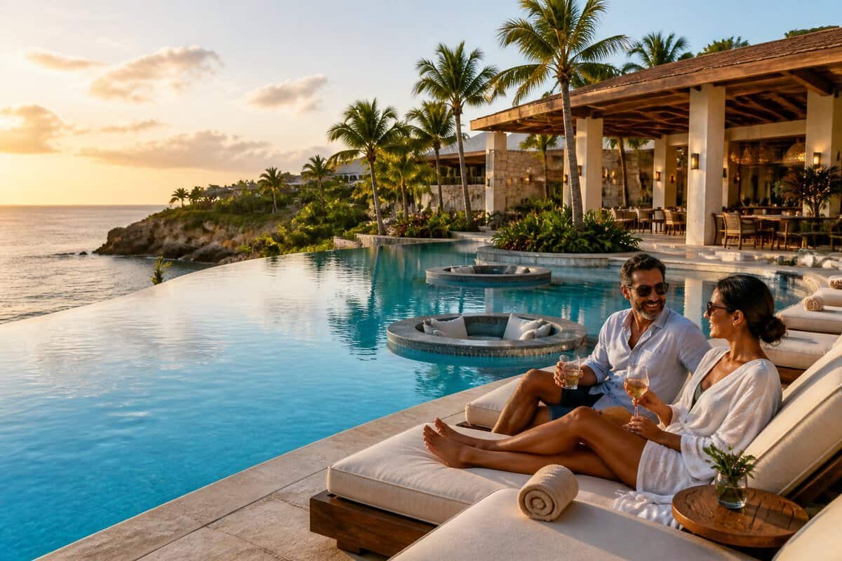 Adults relaxing beside an infinity pool at a luxurious tropical resort overlooking the Caribbean Sea.