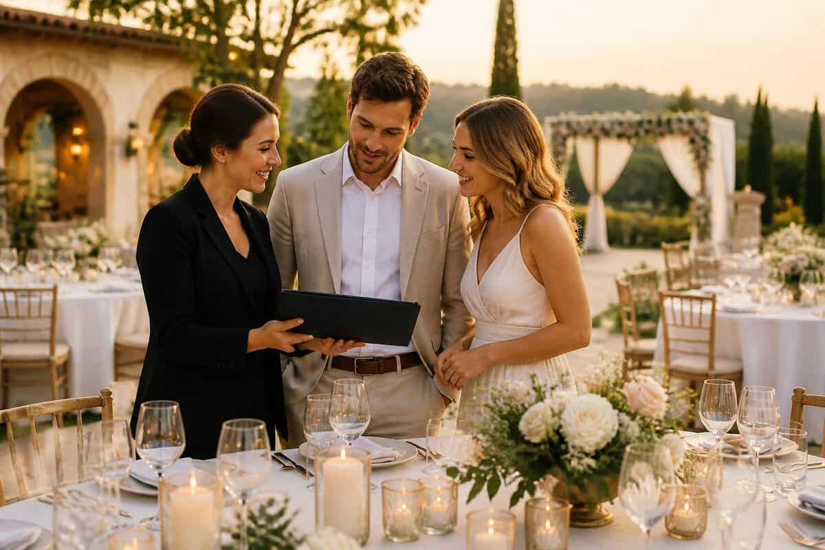 A couple discusses wedding planning with a coordinator at an elegant reception venue.