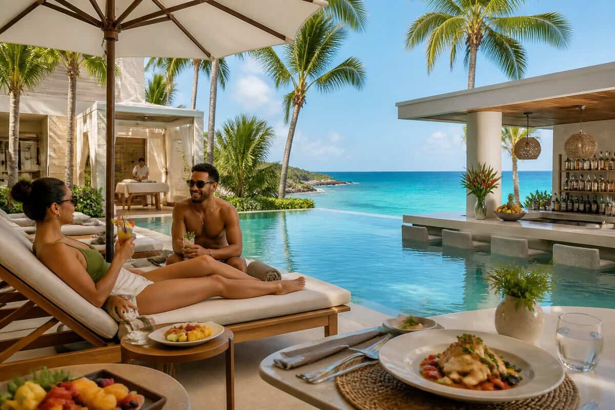 Two adults relax beside an infinity pool at a tropical all-inclusive resort overlooking the Caribbean Sea.