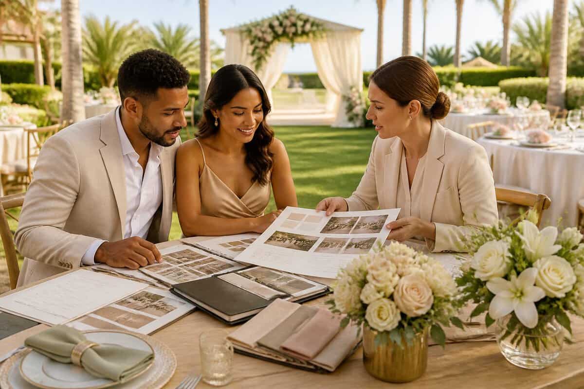 A couple compares wedding venue package materials with a coordinator at an elegant outdoor venue.