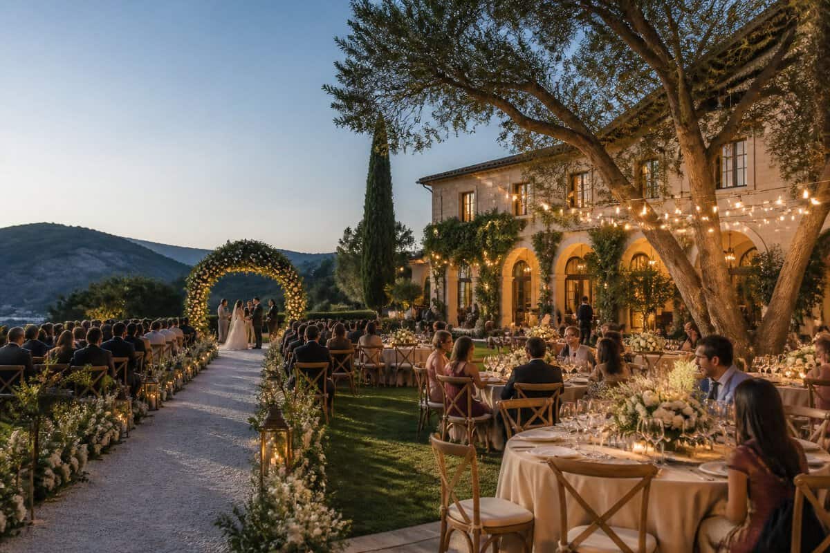 An elegant all-inclusive wedding venue with an outdoor ceremony space, floral arch, seated guests, and a decorated reception area.