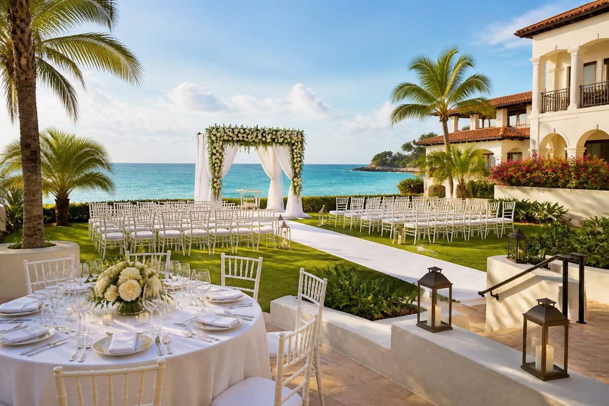 An elegant outdoor wedding ceremony and reception setup at a tropical all-inclusive resort beside turquoise ocean water.