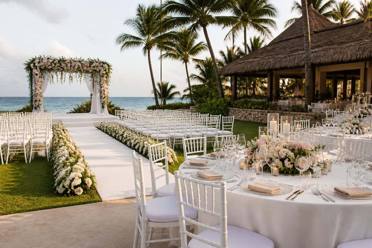A decorated tropical resort venue prepared for a wedding ceremony and reception.