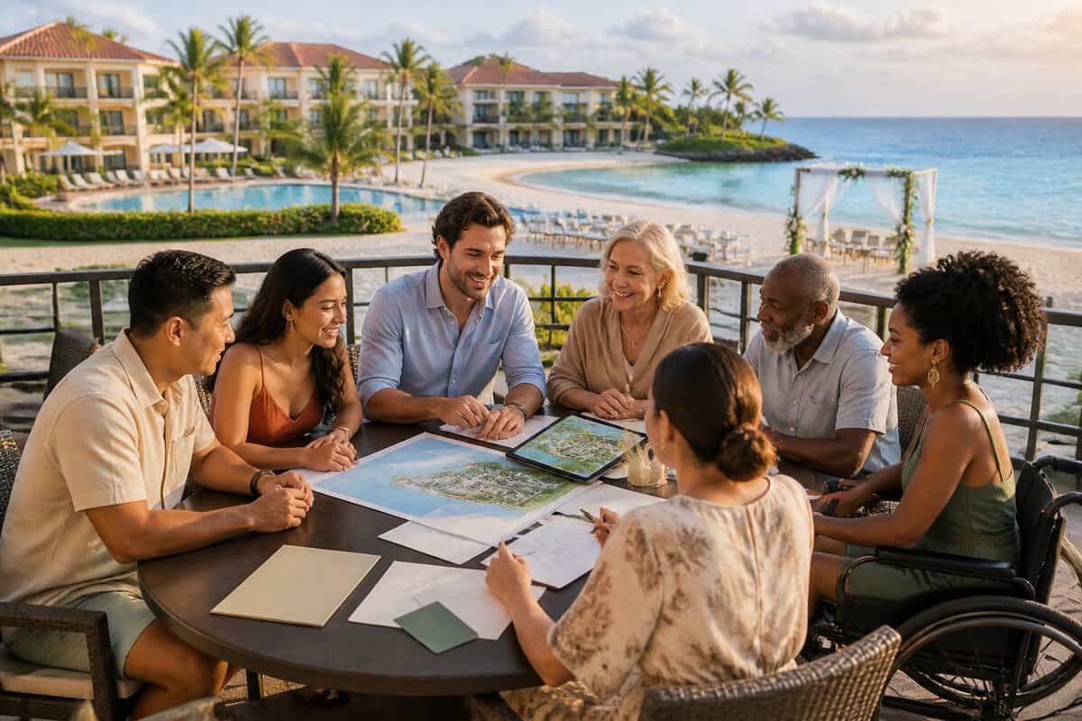 A couple and their guests compare resort wedding options at a tropical beachfront venue.
