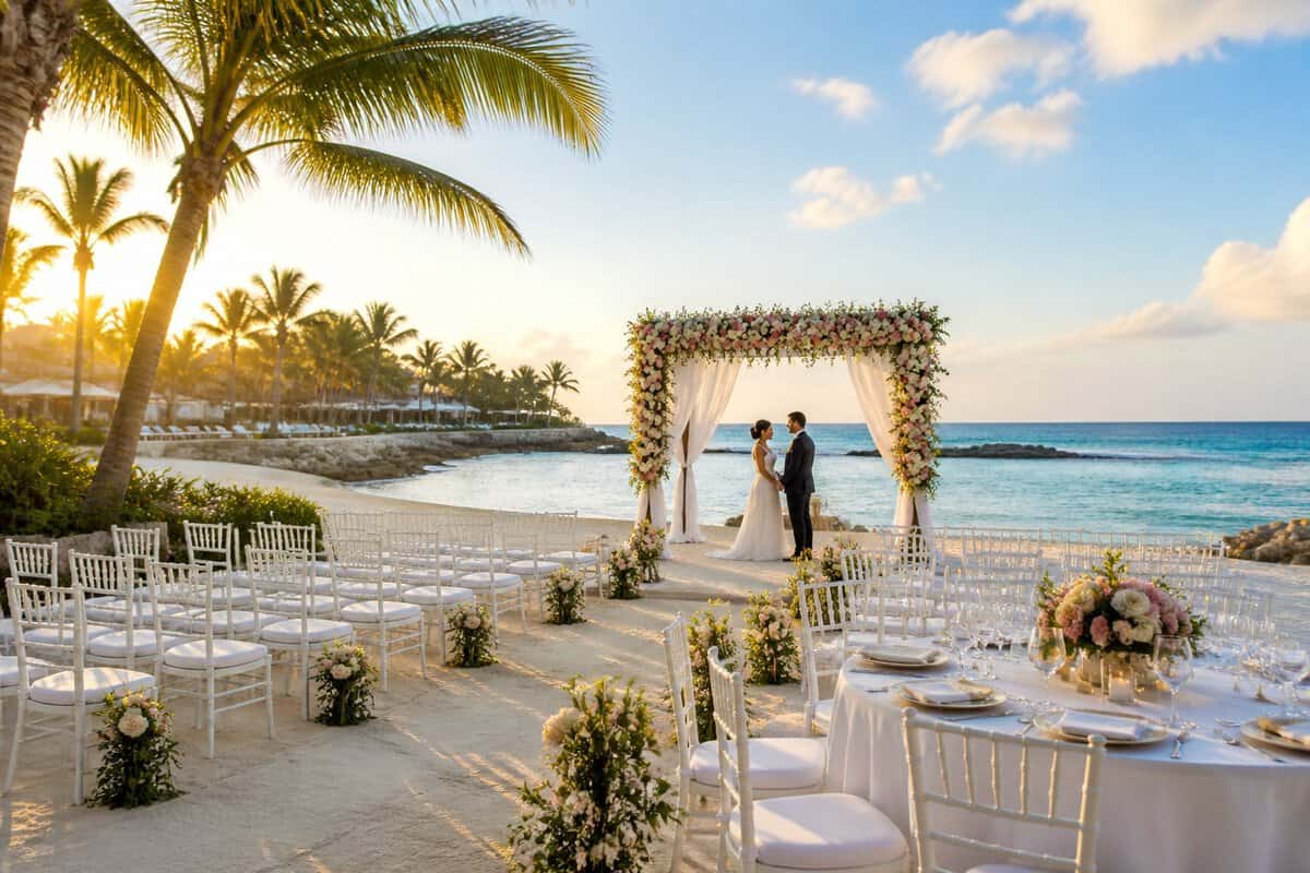 A couple stands beneath a floral wedding arch at a tropical beachfront resort surrounded by white chairs, palm trees, and turquoise water.