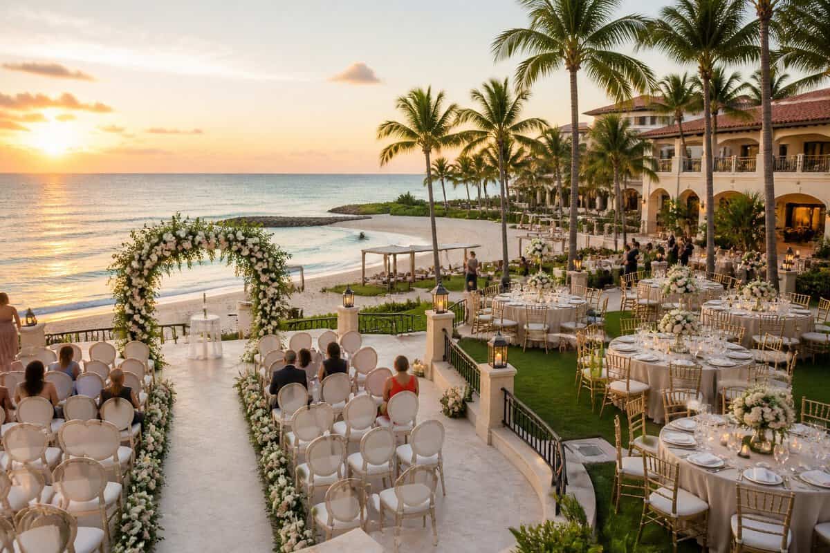 A tropical resort wedding ceremony and reception setup overlooking a sandy beach and turquoise ocean.