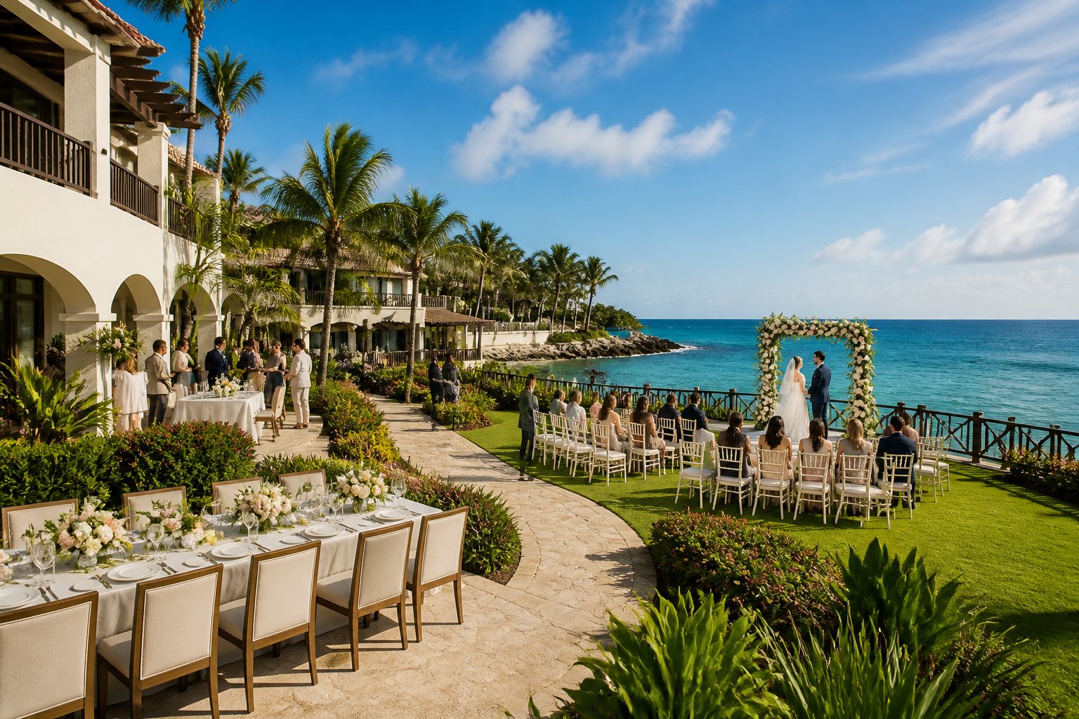 A tropical all-inclusive resort with a decorated beachfront wedding ceremony area, reception terrace, and guests celebrating.