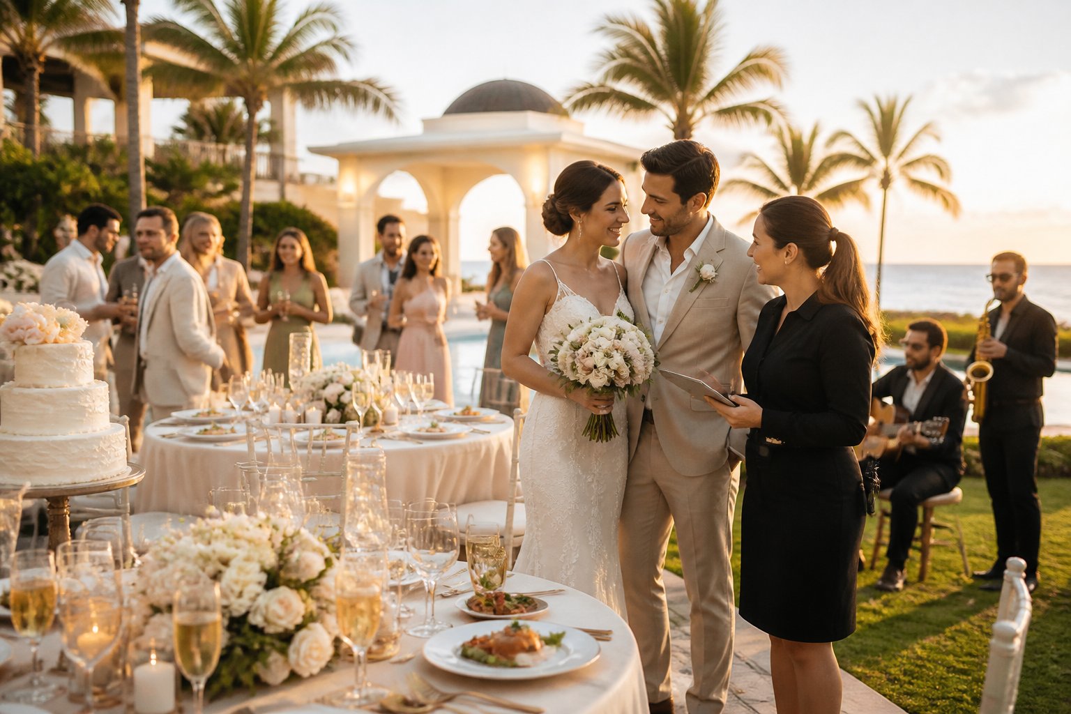 Newlywed couple celebrating at a tropical all-inclusive resort wedding reception with decorated tables, guests, and resort staff nearby.
