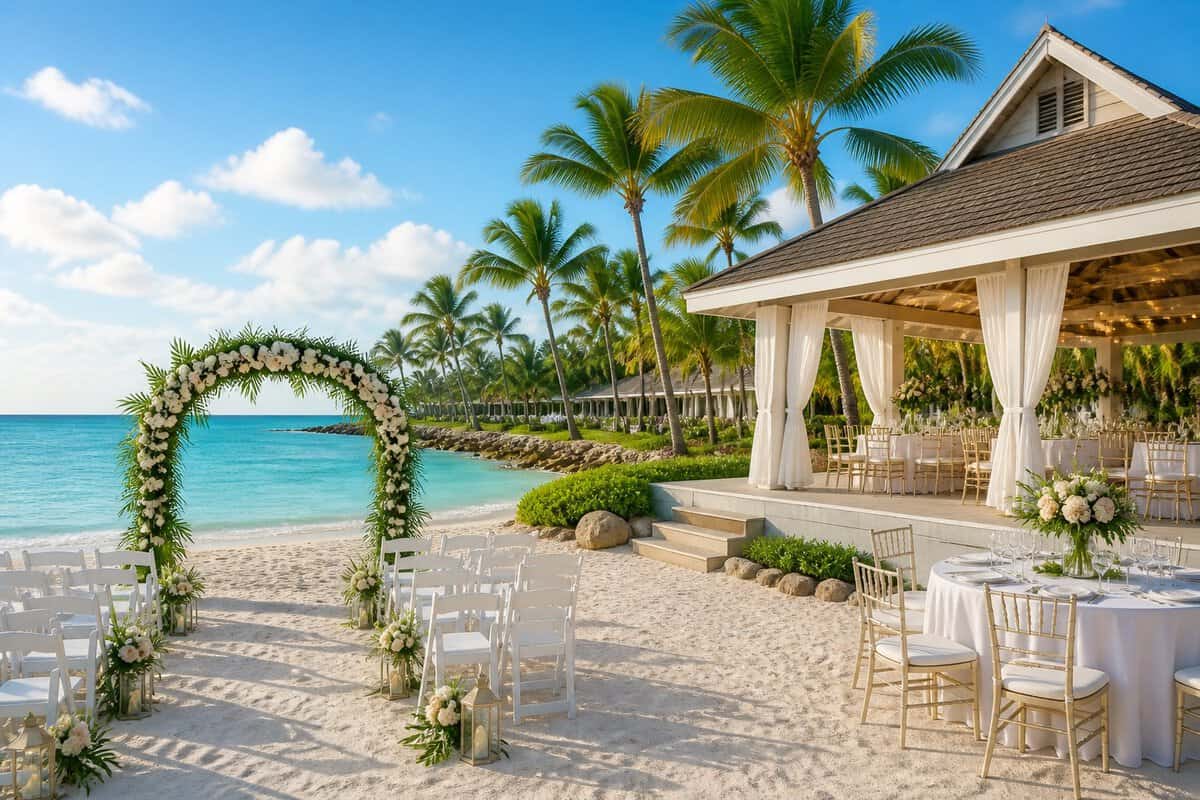 A decorated beachfront wedding venue with white chairs, a floral arch, palm trees, and turquoise Bahamian water.