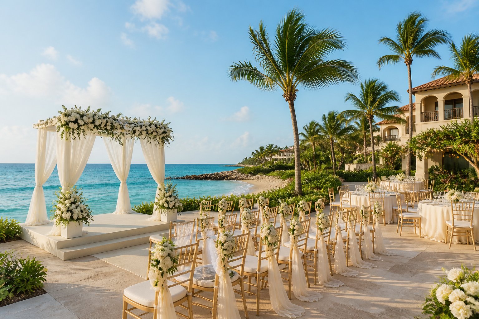 A tropical resort wedding ceremony setup beside a turquoise ocean.