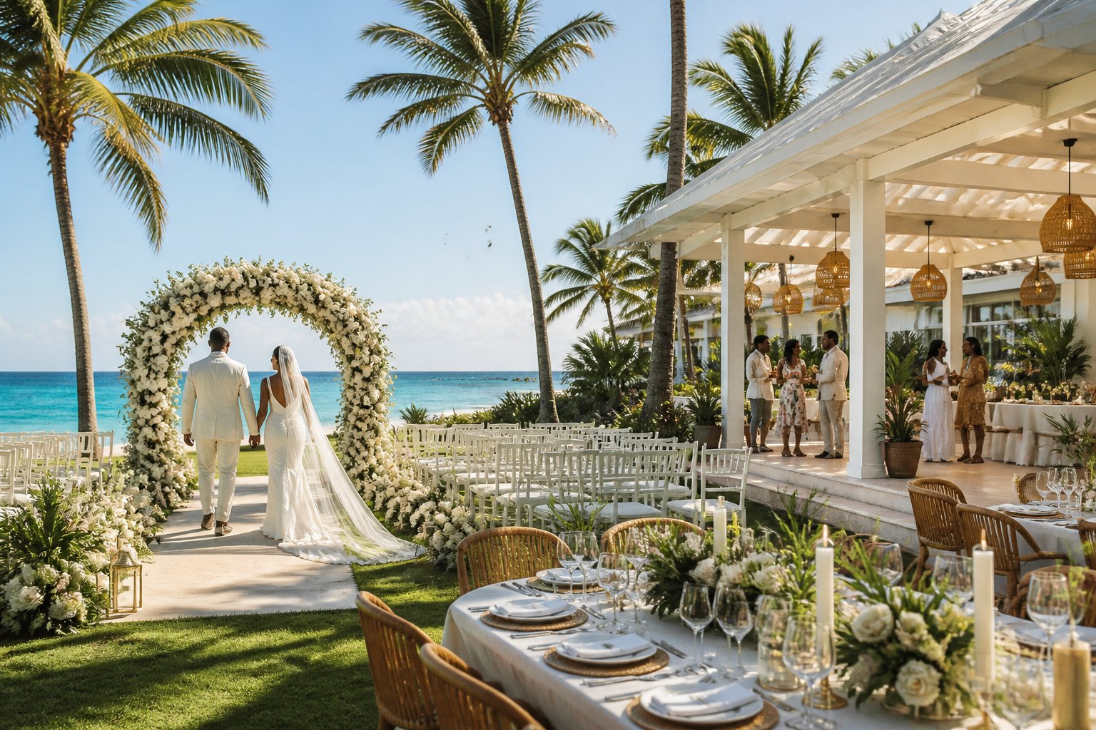 A couple and guests gather for a seaside wedding at a tropical resort.