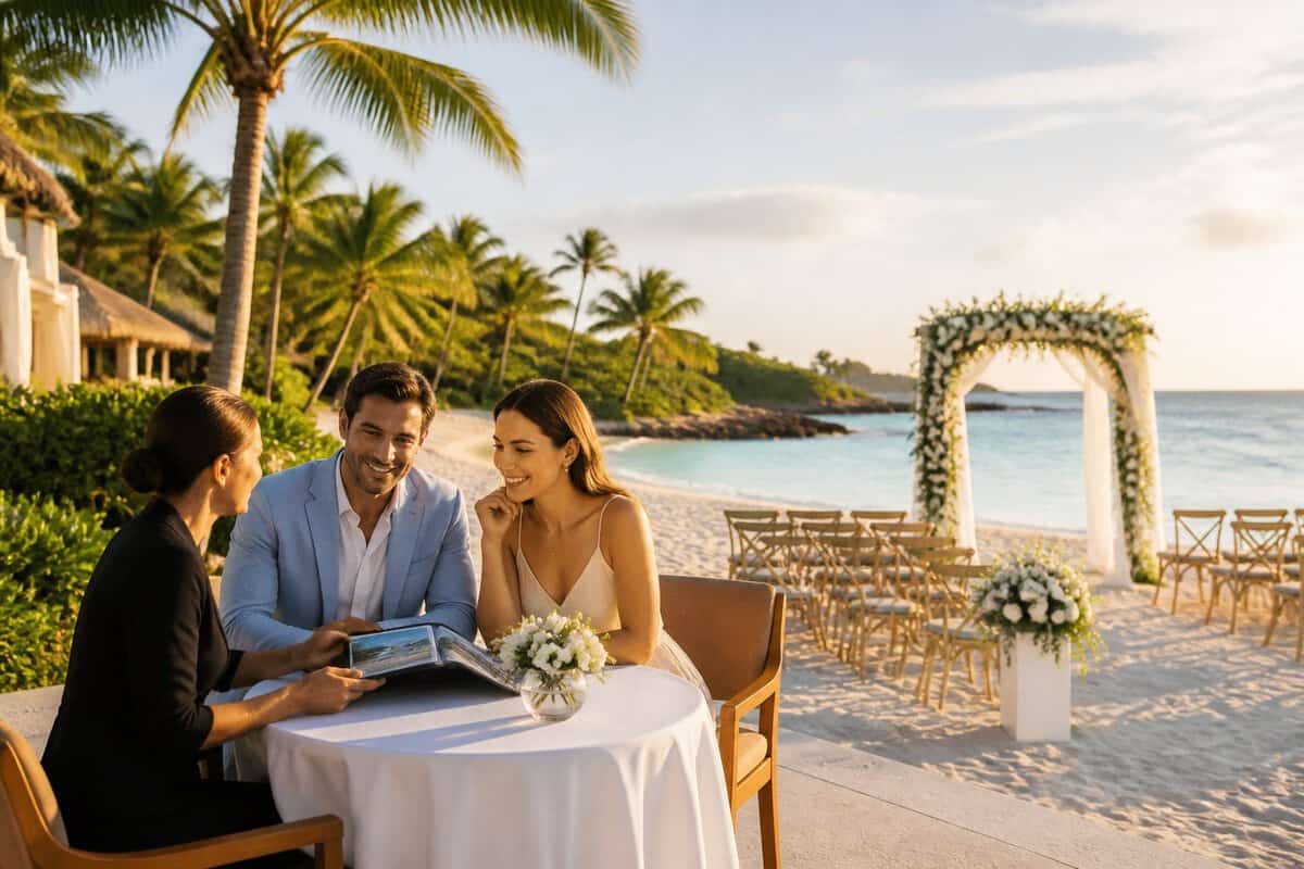 A couple discusses a beachfront wedding venue with a coordinator at a tropical resort in the Bahamas.