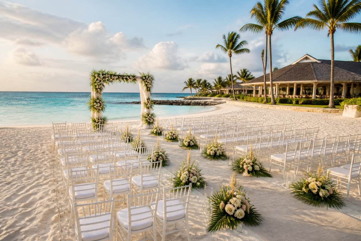 A tropical beachfront resort wedding setup with white chairs, flowers, palm trees, and turquoise water.