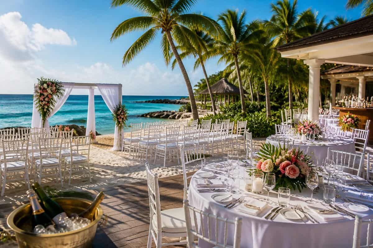 A tropical beachfront wedding venue in the Bahamas with decorated ceremony chairs, a floral altar, and a reception table near turquoise water.