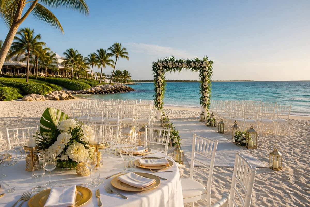 Elegant beach wedding setup at a Bahamian resort with white chairs, tropical flowers, and turquoise water.