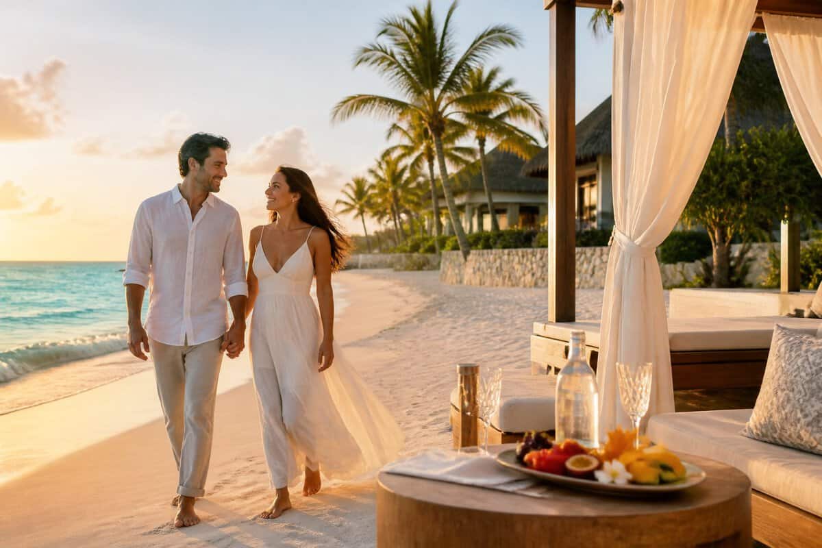Newlywed couple walking hand in hand on a tropical beach beside a luxury resort.