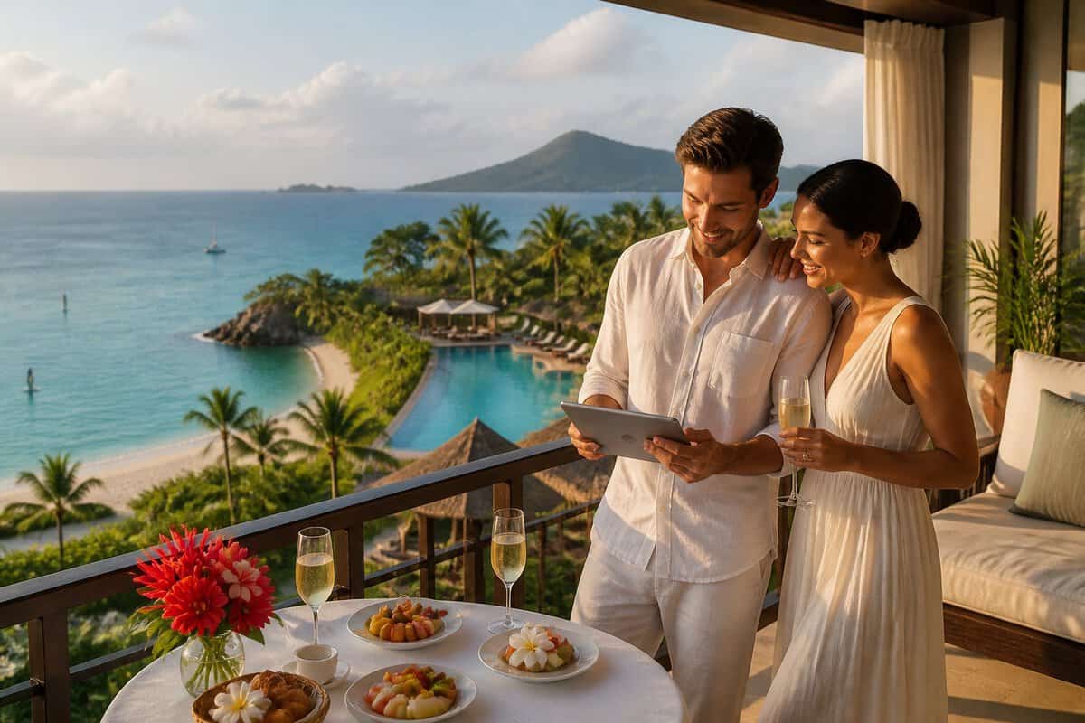 A newlywed couple compares resort options on a tropical terrace overlooking the ocean.