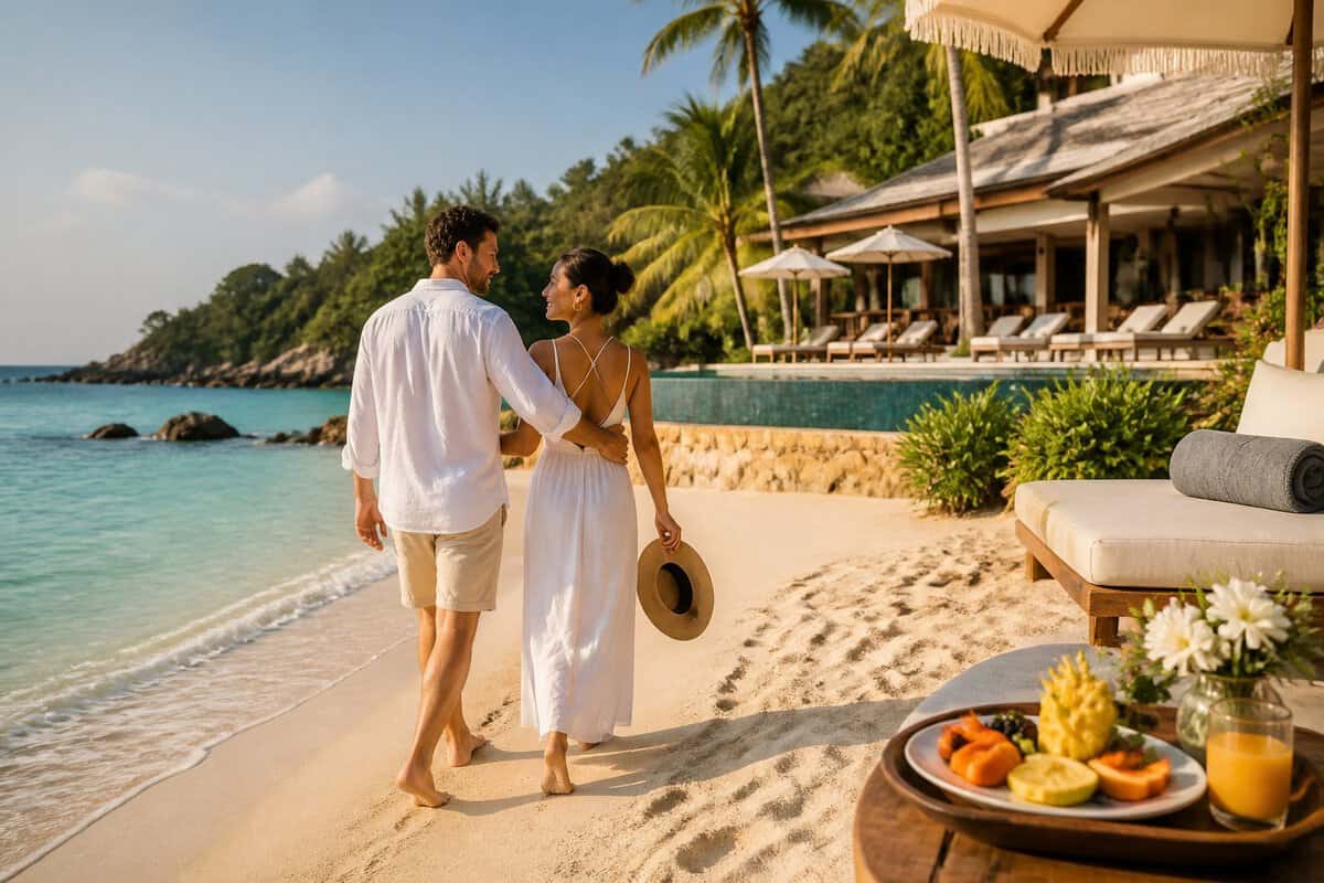 A newlywed couple walks along a tropical beach beside an all-inclusive resort at sunset.