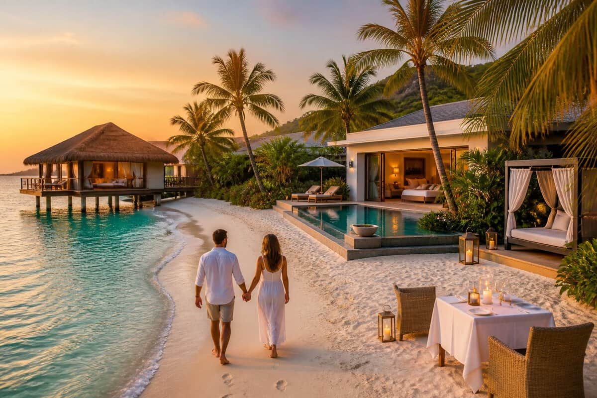 A newlywed couple explores a luxurious tropical resort with beachfront suites, an infinity pool, and clear turquoise water.