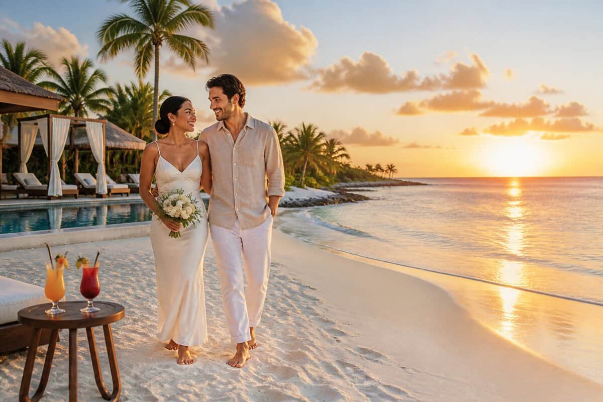 A newlywed couple walks along a tropical beach beside a luxurious all-inclusive resort at sunset.