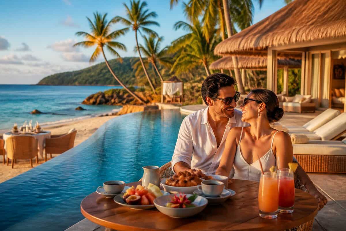 A newlywed couple relaxes at a luxurious tropical resort beside an infinity pool, with breakfast and drinks nearby.