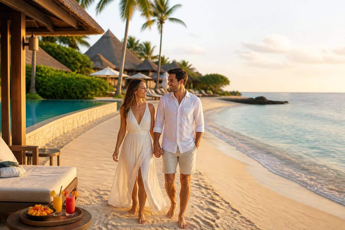 A newlywed couple walks hand in hand along a tropical beach beside an all-inclusive resort.