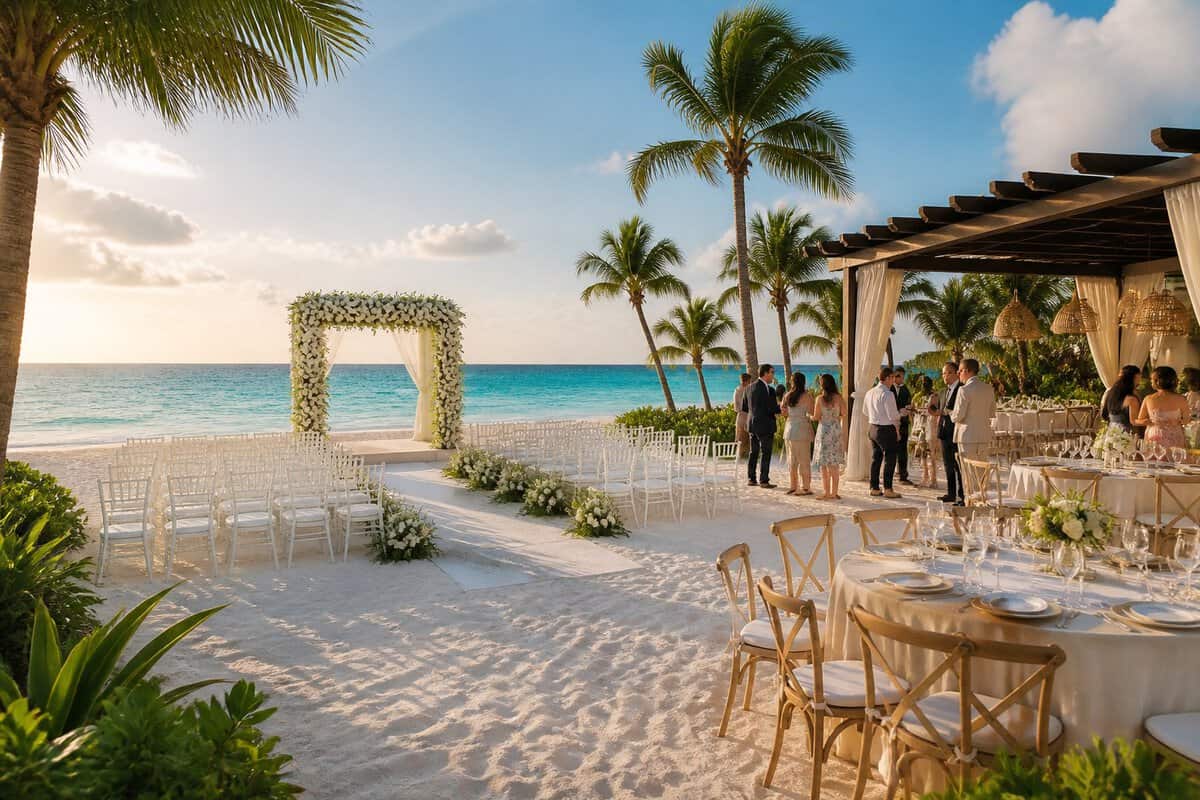 An elegant beachfront wedding ceremony setup at a tropical Cancun resort with turquoise water, palm trees, floral decorations, and guests.
