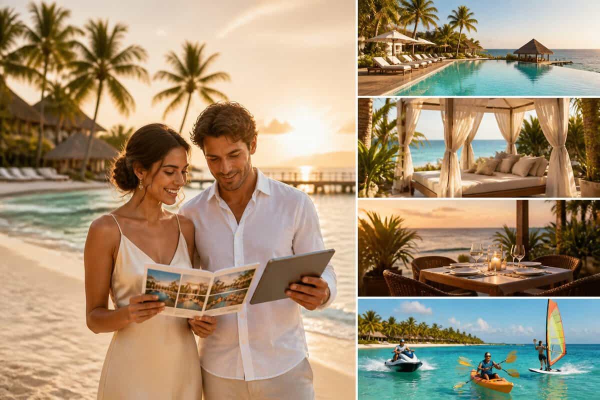 Newlywed couple comparing resort options beside a luxurious tropical beach resort.