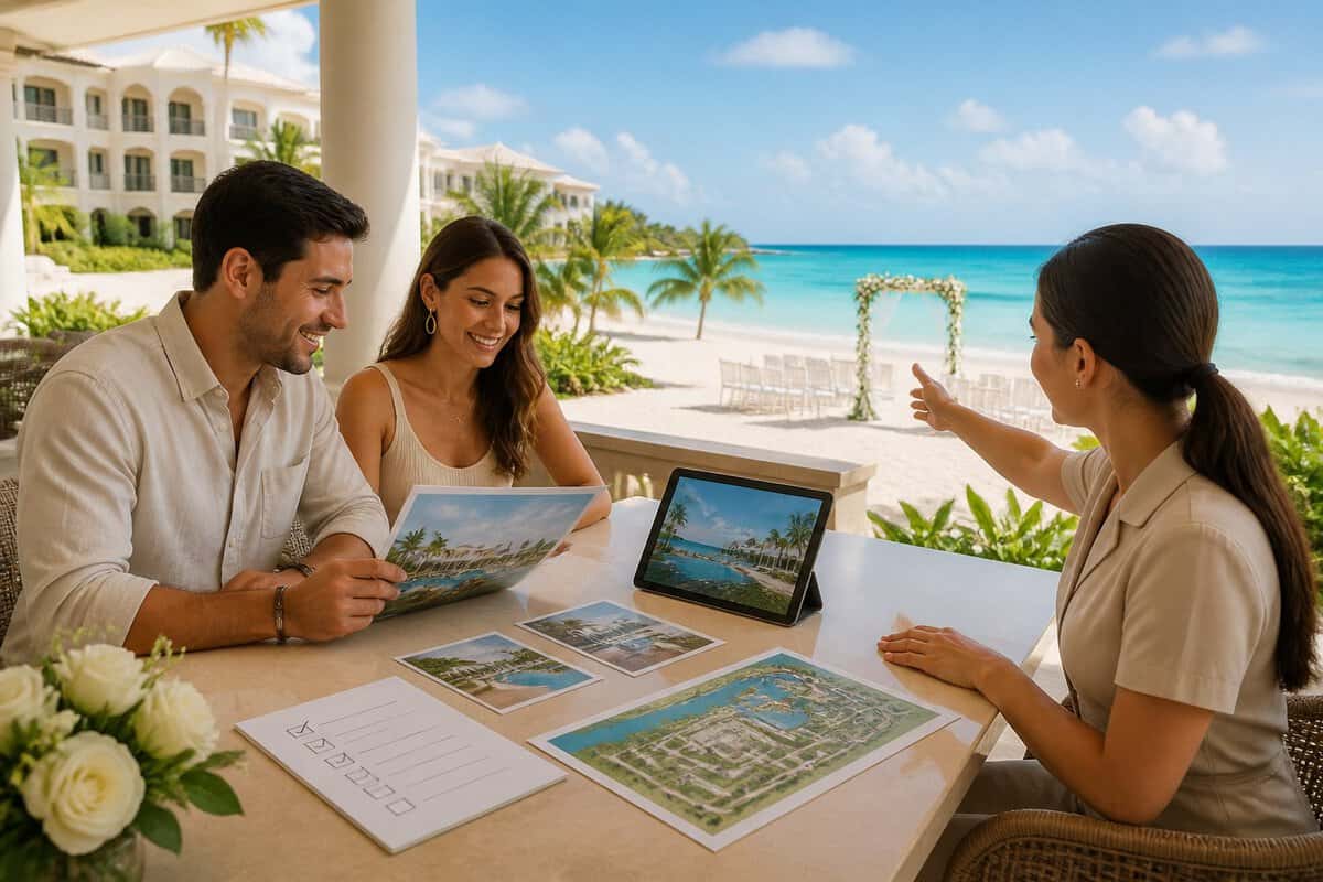 An engaged couple compares wedding resort options on a shaded terrace overlooking a tropical beachfront venue in Cancun.
