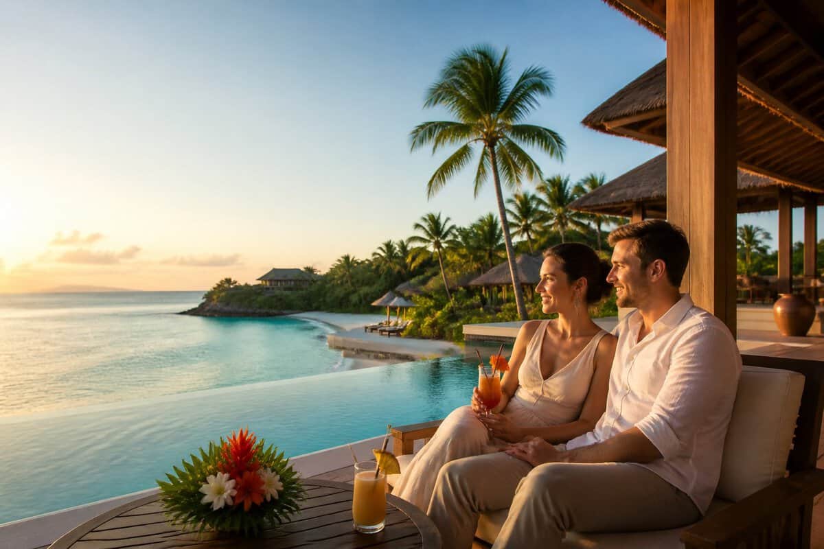 Newlywed couple relaxing on a tropical resort terrace overlooking a turquoise lagoon.