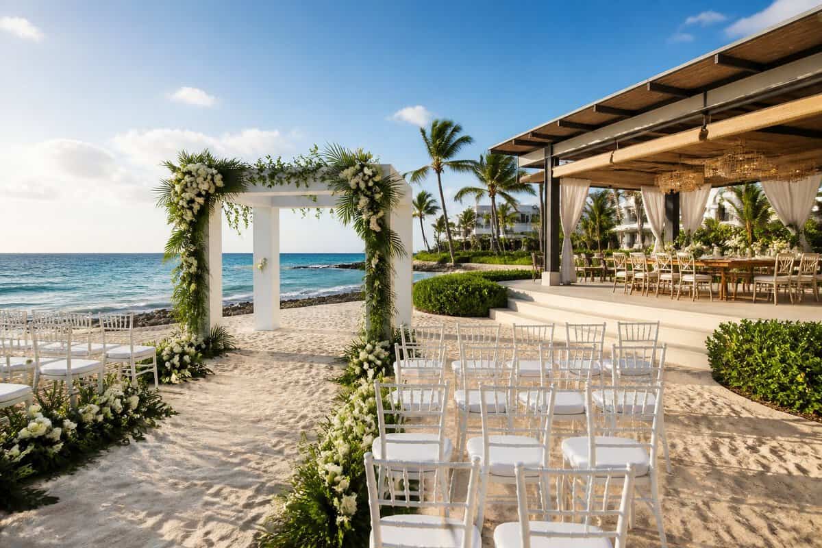 Elegant wedding ceremony setup on a sandy beach beside turquoise Caribbean water at a resort.