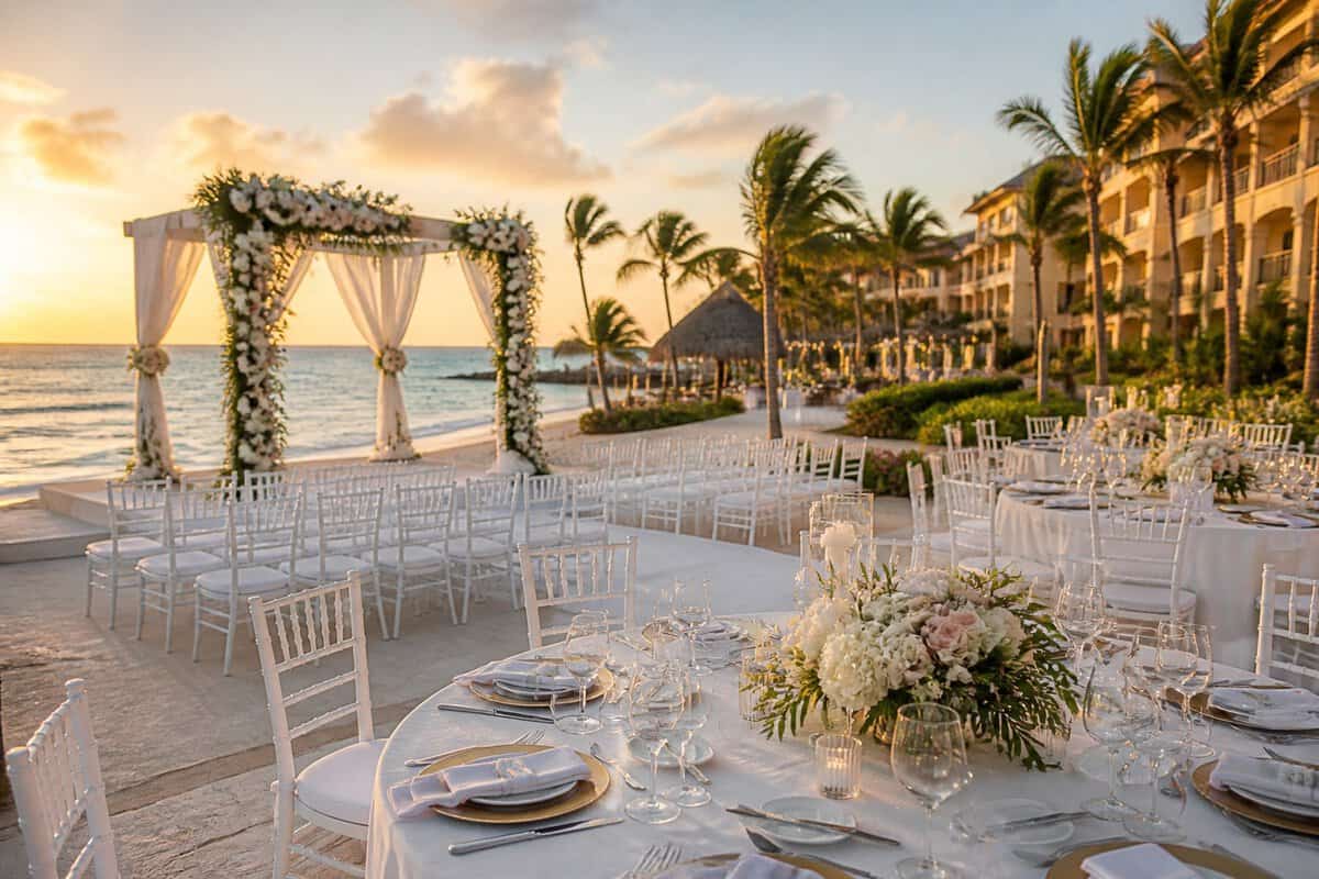 An elegant beachfront wedding ceremony and reception setup at a Cancun resort.