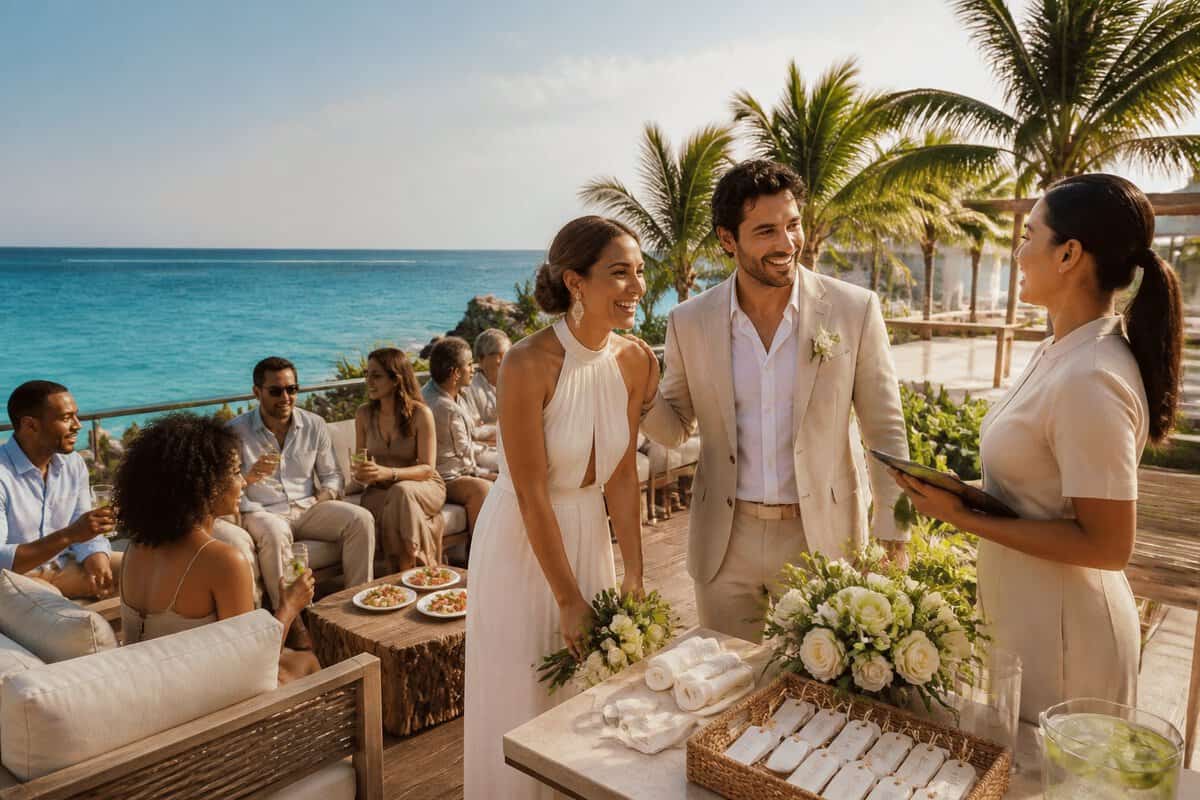 Wedding guests gather with a couple on a tropical beachfront resort terrace overlooking the Caribbean.