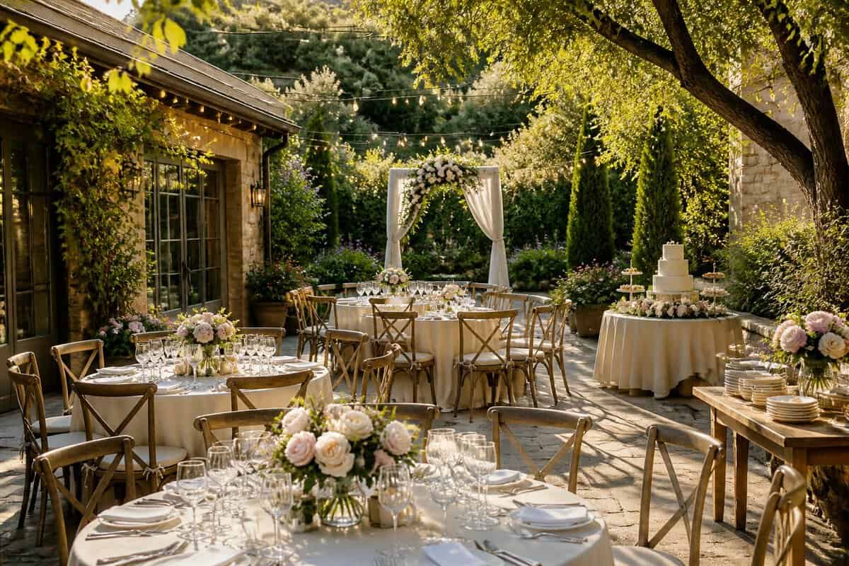 An intimate wedding venue with decorated tables, floral arrangements, a ceremony arch, and garden surroundings.