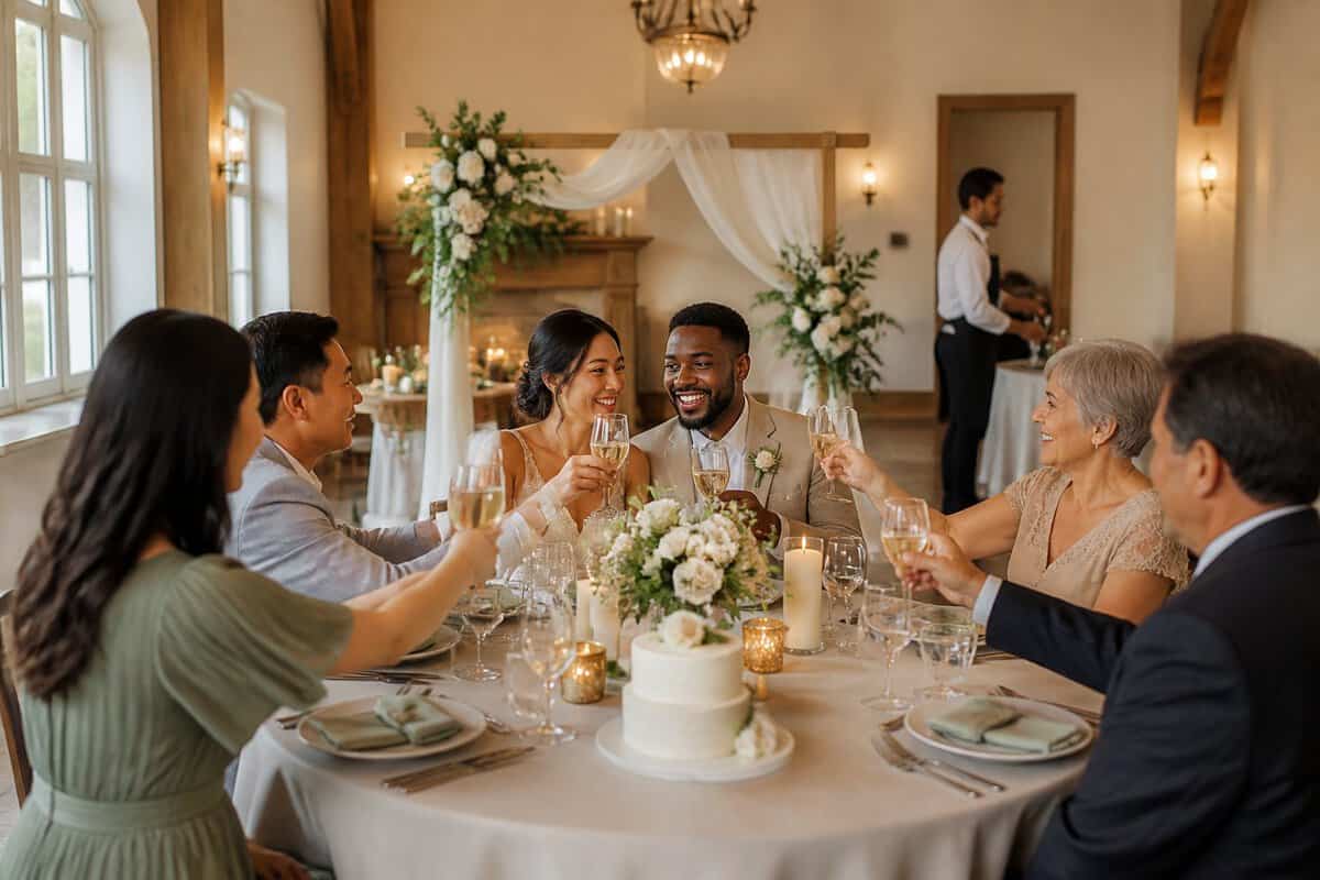 A couple celebrates with a small group of guests at an elegantly decorated wedding reception.