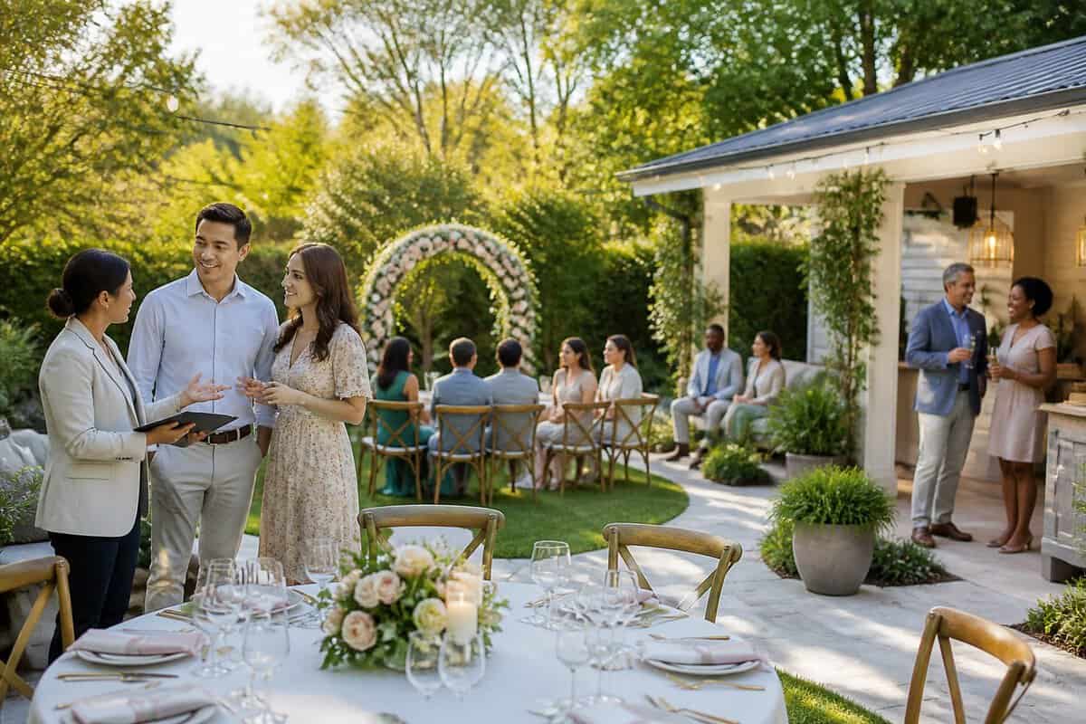 A couple and venue coordinator review an intimate all-inclusive wedding venue while guests gather near a decorated ceremony and reception area.