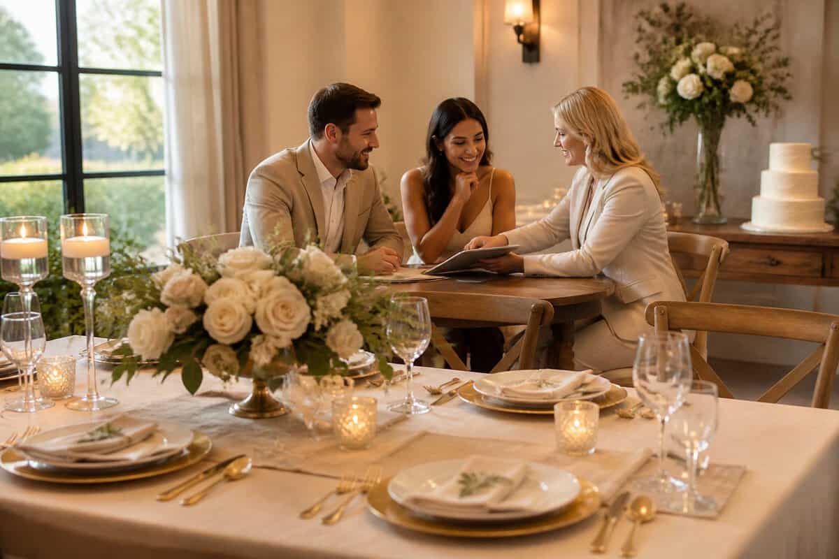A couple discusses wedding package details with a coordinator in an intimate venue beside a decorated reception table.