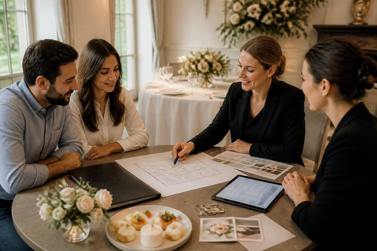 A couple meets with wedding venue professionals to review plans for an intimate reception.
