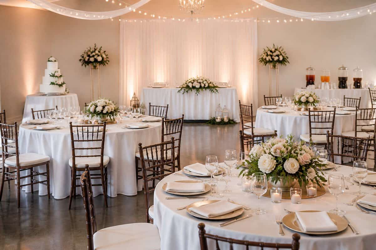 An elegant wedding reception venue arranged with tables, floral centerpieces, a cake, and coordinated decorations.