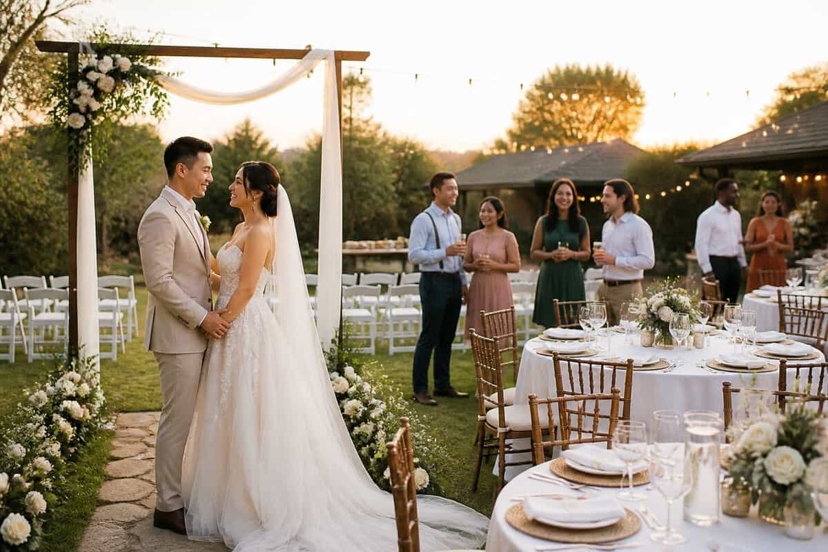 A newlywed couple celebrates with guests at an affordable all-inclusive wedding venue.