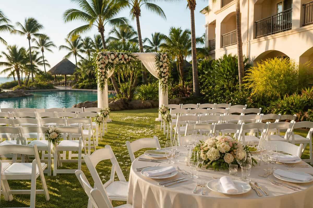 An elegant outdoor wedding ceremony setup at a resort with a floral arch, white chairs, and reception tables.