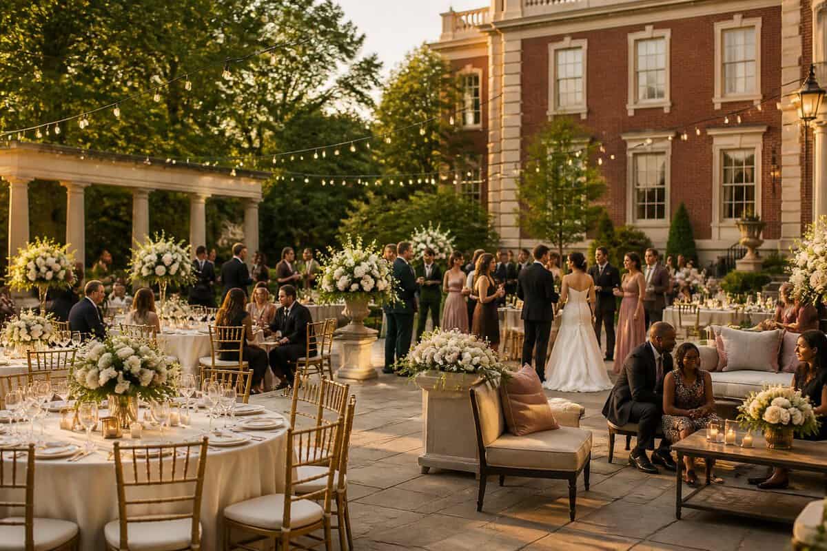 An elegant wedding reception set up on a landscaped terrace at a historic Washington, DC venue, with decorated tables, flowers, and guests.