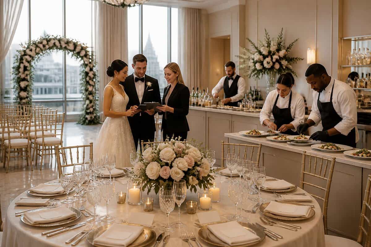 An elegant wedding reception venue with decorated tables, floral arrangements, catering staff, and a coordinator assisting a couple.