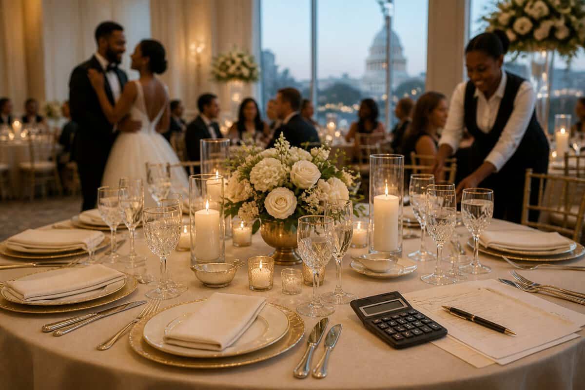 Elegant Washington, DC wedding reception with a fully set table, floral centerpiece, and softly blurred guests in the background.