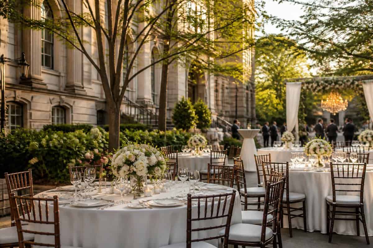 Elegant wedding reception arranged outdoors at a historic venue.