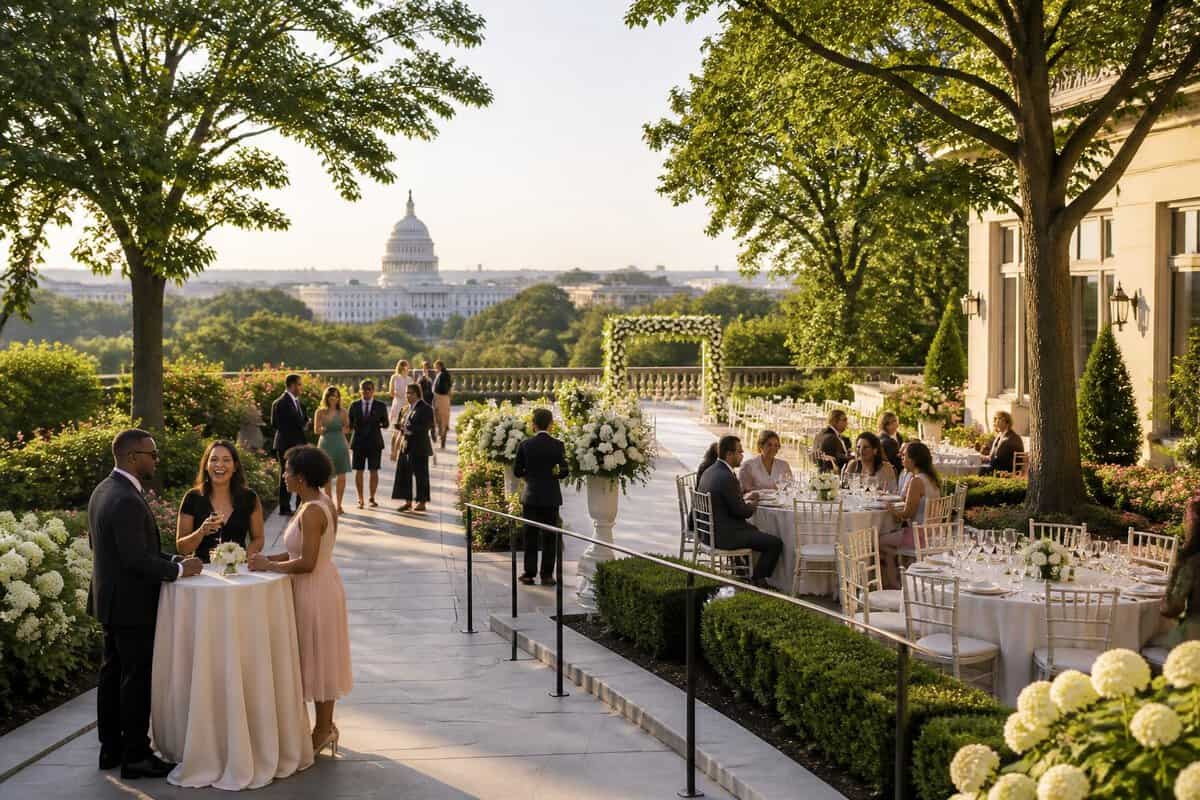 Wedding guests mingle at an elegant outdoor venue near Washington, DC.