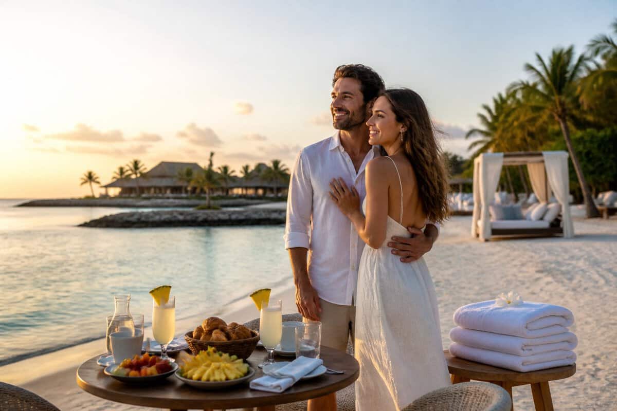 Newlywed couple enjoying a romantic beachside breakfast at a tropical resort.