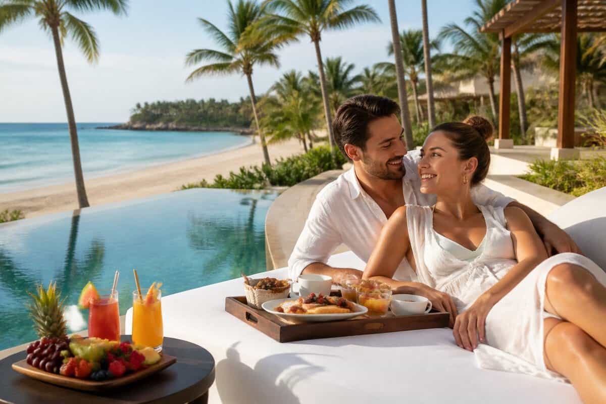 A newlywed couple relaxes beside an infinity pool at a tropical beachfront resort.