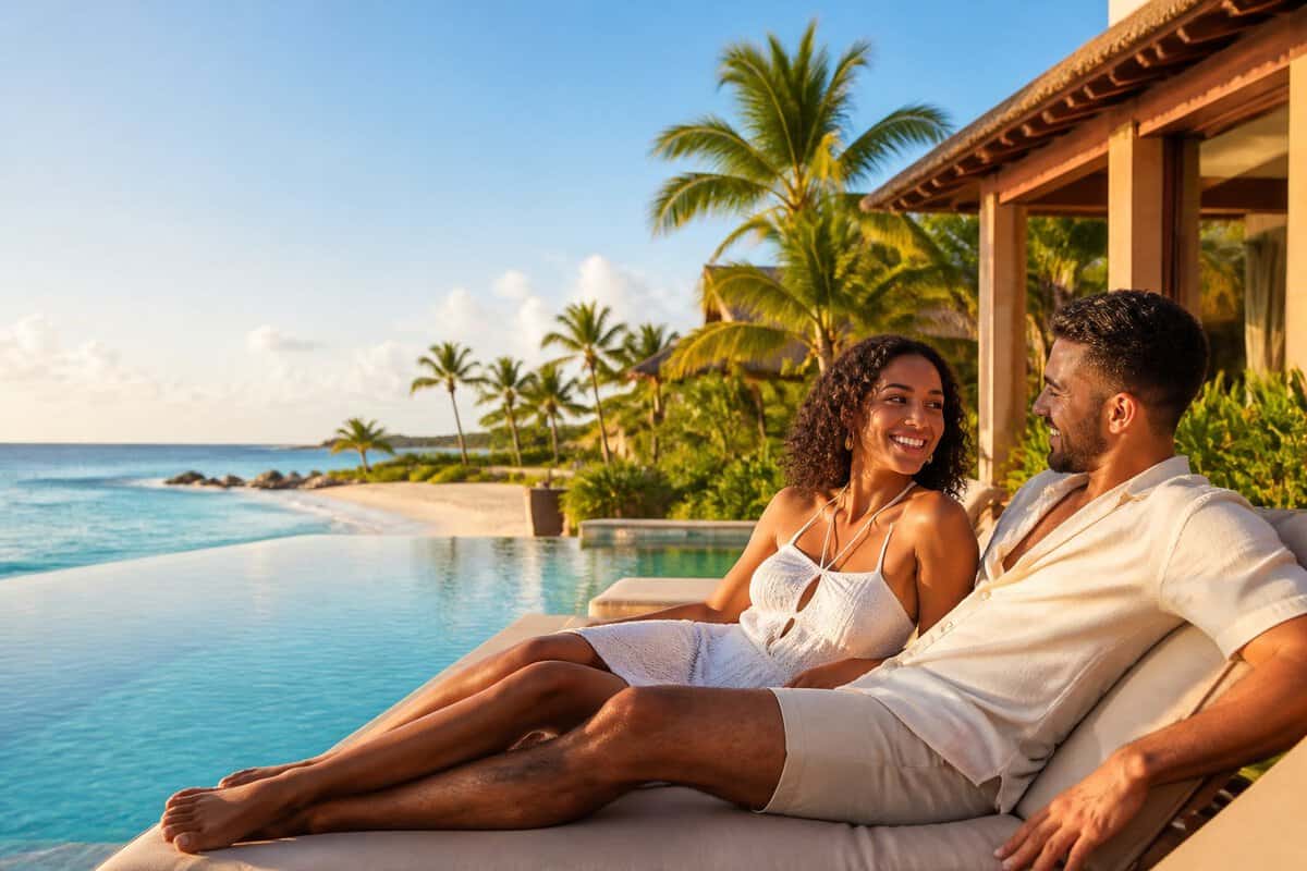 Newlywed couple relaxing beside an infinity pool at a tropical resort overlooking the ocean.